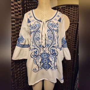 Denim 24/7 White Tunic with Blue Embroidery